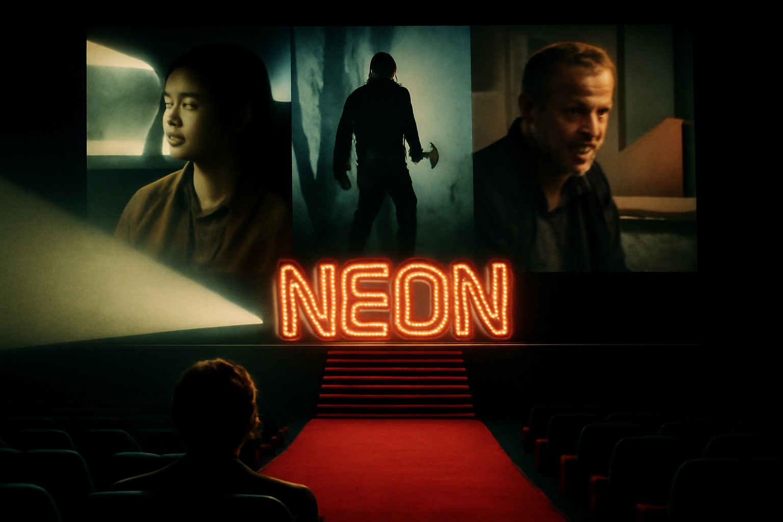 Логотип Neon на красной дорожке Каннского кинофестиваля с кадрами фильмов режиссёров Хамагути, На Хон-джина и Джеймса Грея
